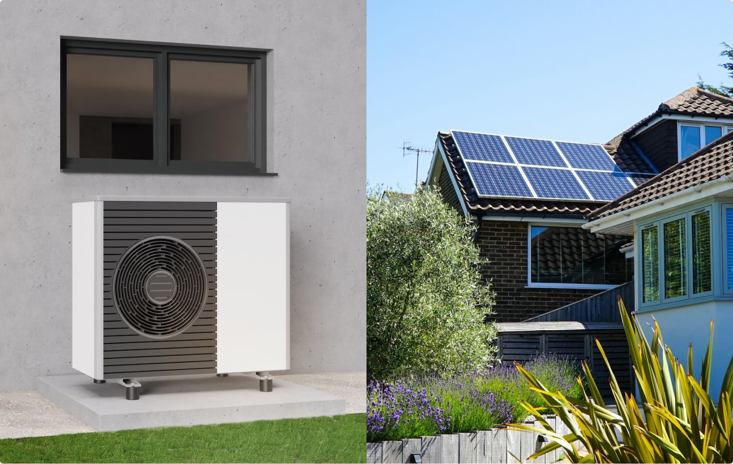 heat pump and solar panel split image
