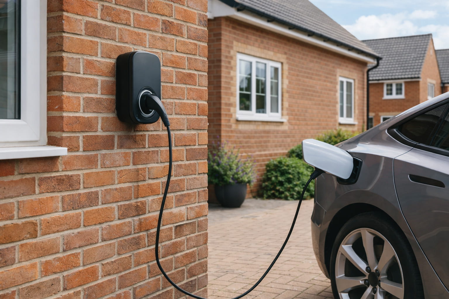 ev charger on external wall of UK home.